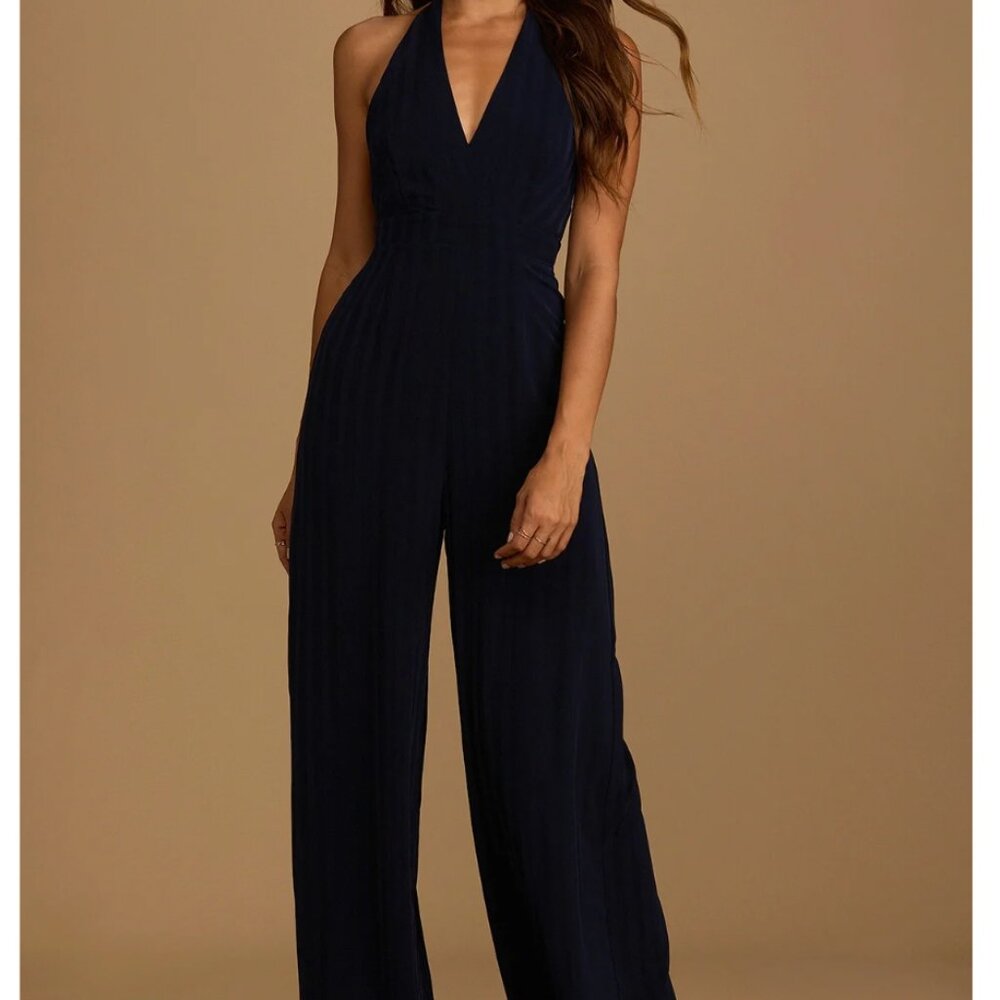 She's Classy Navy Blue Striped Halter Wide-Leg Jumpsuit